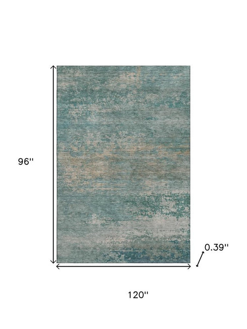 8' X 10' Aqua And Beige Abstract Washable Area Rug With UV Protection