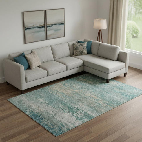 8' X 10' Aqua And Beige Abstract Washable Area Rug With UV Protection