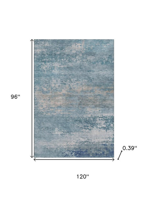 8' X 10' Sky Blue And Gray Abstract Washable Area Rug With UV Protection