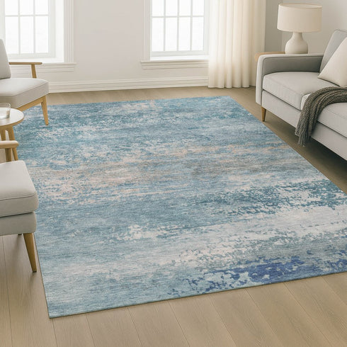8' X 10' Sky Blue And Gray Abstract Washable Area Rug With UV Protection
