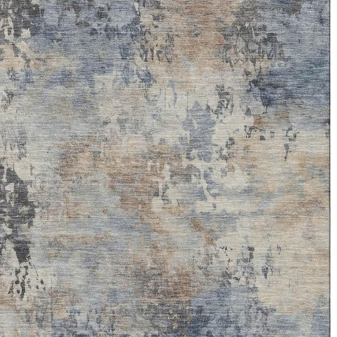 5' X 8' Denim Blue And Beige Abstract Washable Area Rug With UV Protection