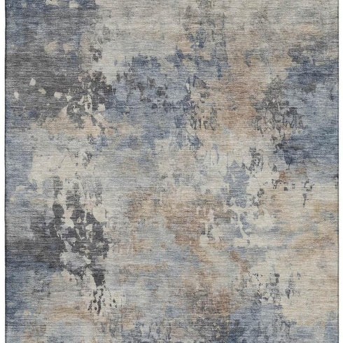 5' X 8' Denim Blue And Beige Abstract Washable Area Rug With UV Protection