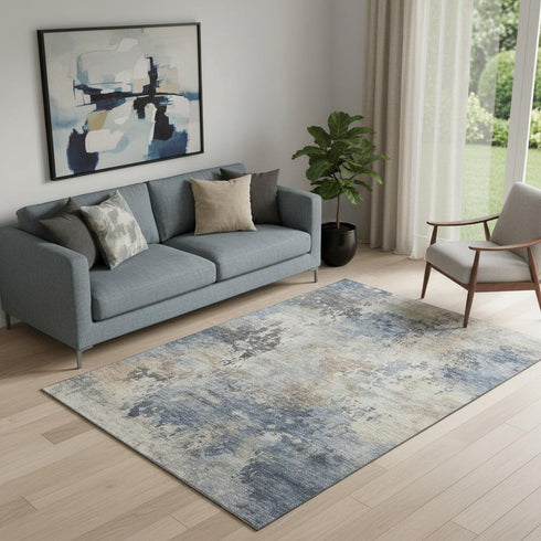 5' X 8' Denim Blue And Beige Abstract Washable Area Rug With UV Protection