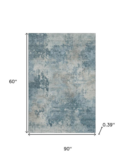 5' X 8' Teal And Taupe Abstract Washable Area Rug With UV Protection