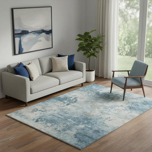 5' X 8' Teal And Taupe Abstract Washable Area Rug With UV Protection