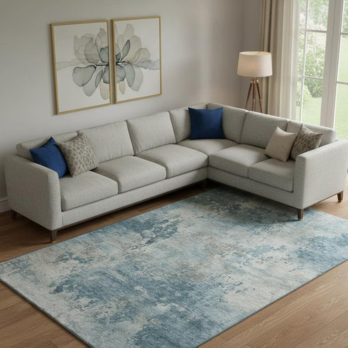 8' X 10' Teal And Taupe Abstract Washable Area Rug With UV Protection