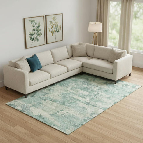 8' X 10' Teal And Linen Abstract Washable Area Rug With UV Protection