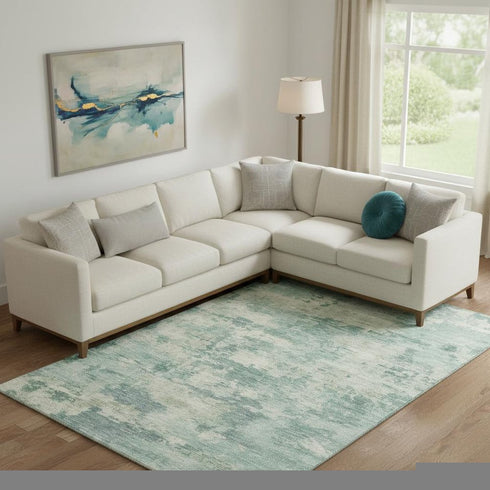 9' X 12' Teal And Linen Abstract Washable Area Rug With UV Protection