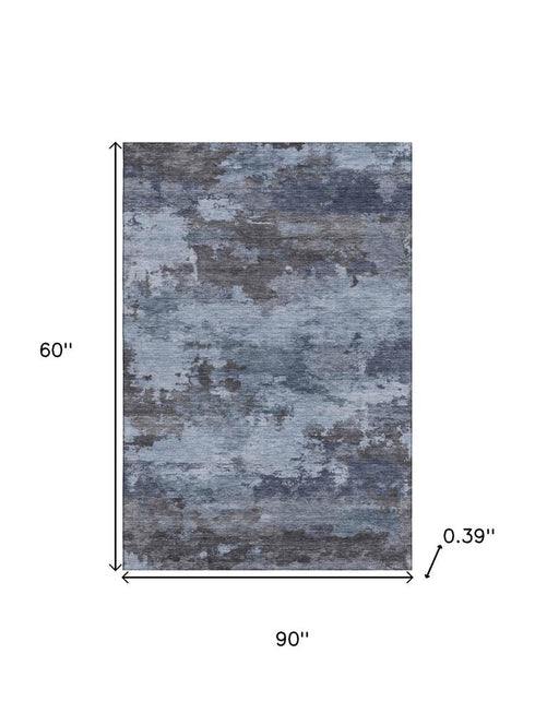 5' X 8' Blue And Charcoal Abstract Washable Area Rug With UV Protection