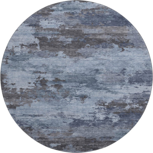 8' Blue And Charcoal Abstract Washable Round Rug With UV Protection