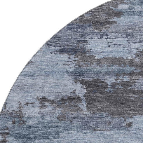 8' Blue And Charcoal Abstract Washable Round Rug With UV Protection