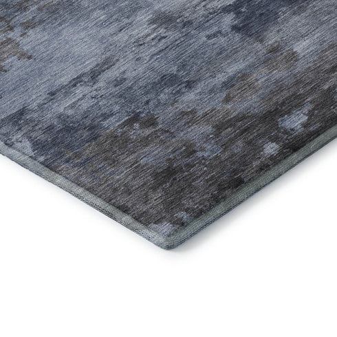 8' Blue And Charcoal Abstract Washable Round Rug With UV Protection