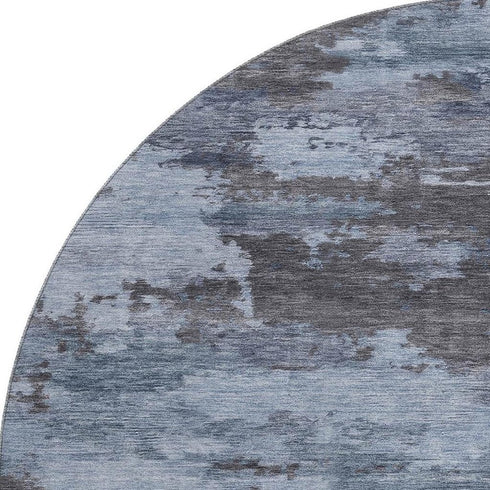8' Blue And Charcoal Abstract Washable Round Rug With UV Protection