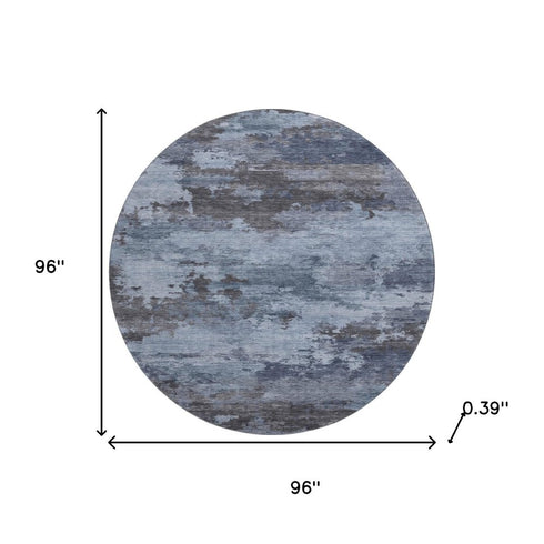 8' Blue And Charcoal Abstract Washable Round Rug With UV Protection