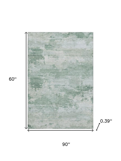 5' X 8' Mint Green And Pale Aqua Abstract Washable Area Rug With UV Protection