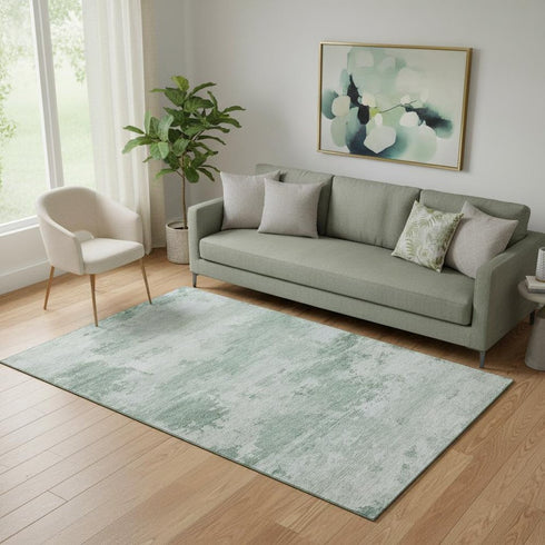 5' X 8' Mint Green And Pale Aqua Abstract Washable Area Rug With UV Protection