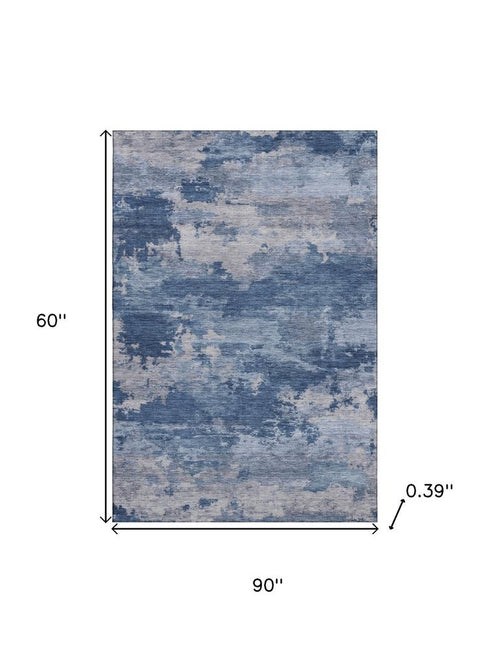 5' X 8' Navy Blue And Denim Blue Abstract Washable Area Rug With UV Protection