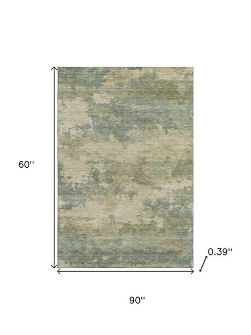 5' X 8' Pale Aqua And Beige Abstract Washable Area Rug With UV Protection