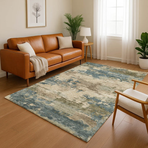 8' X 10' Teal And Beige Abstract Washable Area Rug With UV Protection