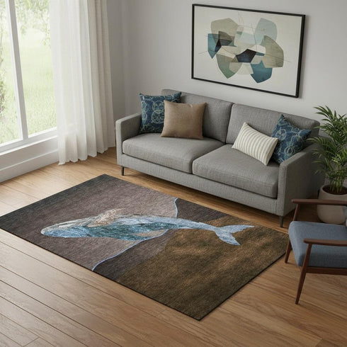 5' X 8' Brown And Blue Nautical Washable Area Rug With UV Protection