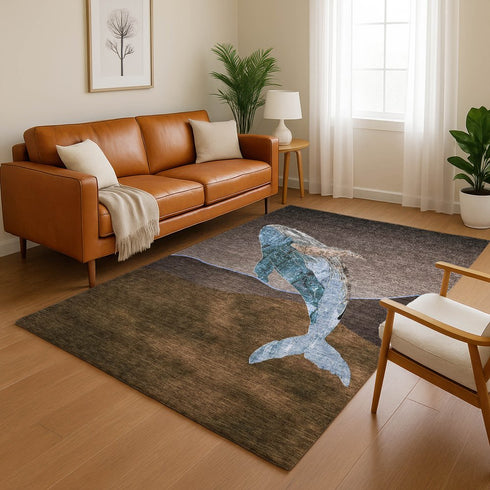 9' X 12' Brown And Blue Nautical Washable Area Rug With UV Protection