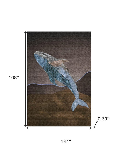 9' X 12' Brown And Blue Nautical Washable Area Rug With UV Protection
