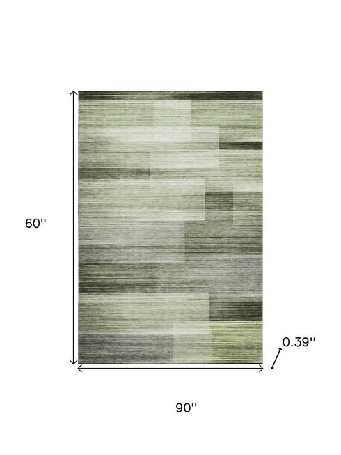 5' X 8' Green And Ivory Striped Washable Area Rug With UV Protection