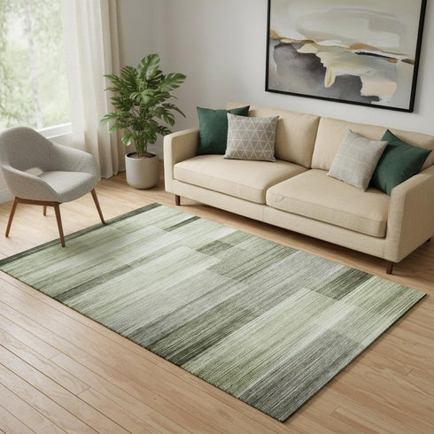 5' X 8' Green And Ivory Striped Washable Area Rug With UV Protection