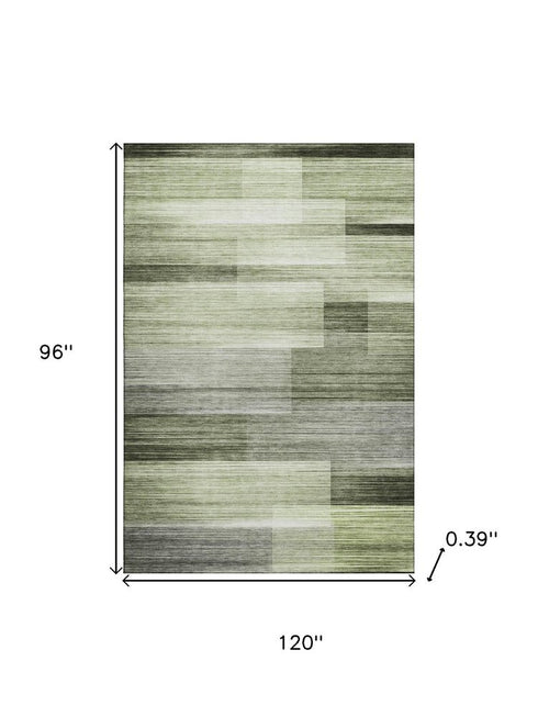 8' X 10' Green And Ivory Striped Washable Area Rug With UV Protection