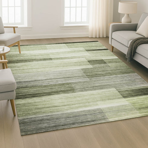 8' X 10' Green And Ivory Striped Washable Area Rug With UV Protection