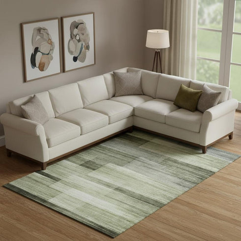 8' X 10' Green And Ivory Striped Washable Area Rug With UV Protection