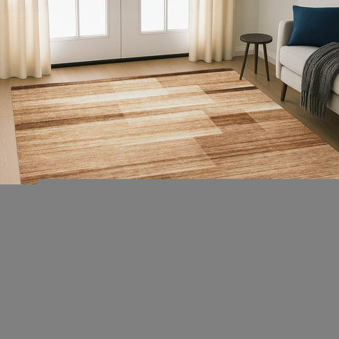 9' X 12' Rust And Ivory Striped Washable Area Rug With UV Protection