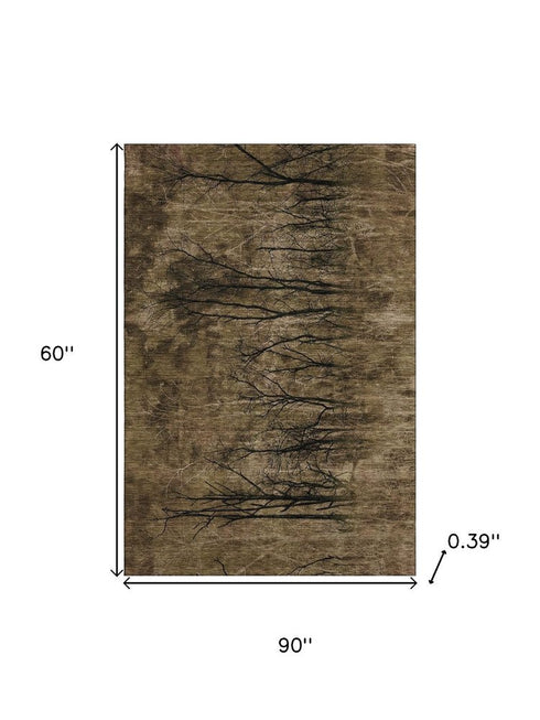 5' X 8' Brown And Charcoal Floral Washable Area Rug With UV Protection