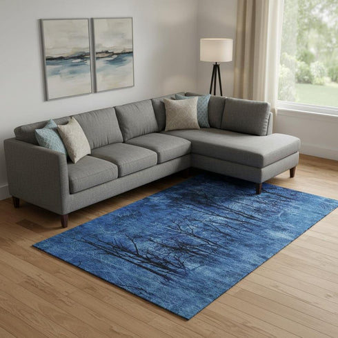 8' X 10' Blue And Charcoal Floral Washable Area Rug With UV Protection