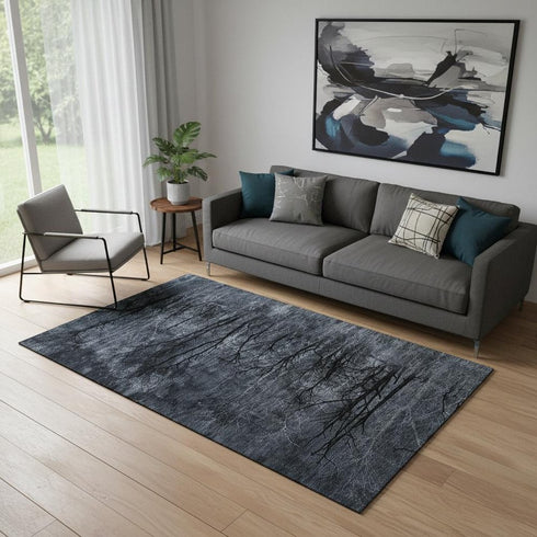 5' X 8' Charcoal And Gray Floral Washable Area Rug With UV Protection
