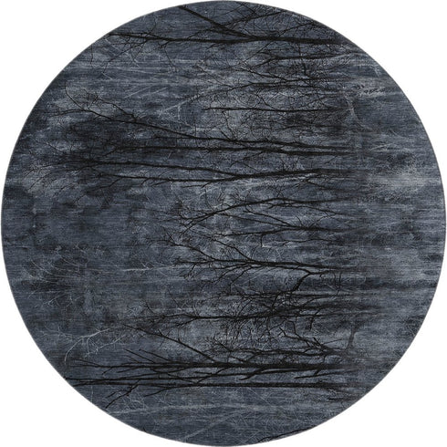 8' Charcoal And Gray Floral Washable Round Rug With UV Protection