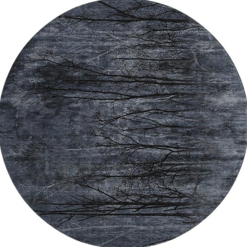 8' Charcoal And Gray Floral Washable Round Rug With UV Protection