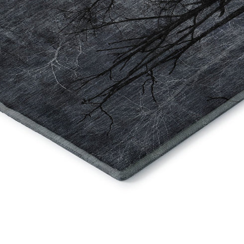 8' Charcoal And Gray Floral Washable Round Rug With UV Protection
