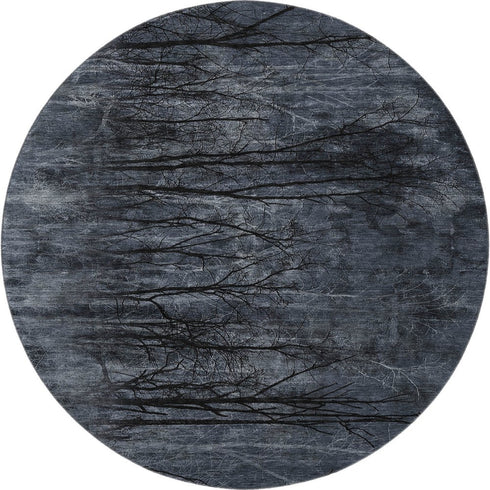 8' Charcoal And Gray Floral Washable Round Rug With UV Protection