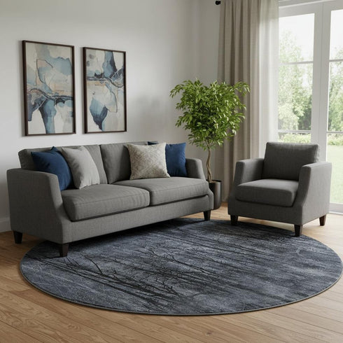 8' Charcoal And Gray Floral Washable Round Rug With UV Protection