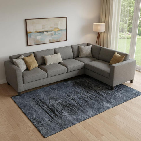 8' X 10' Charcoal And Gray Floral Washable Area Rug With UV Protection