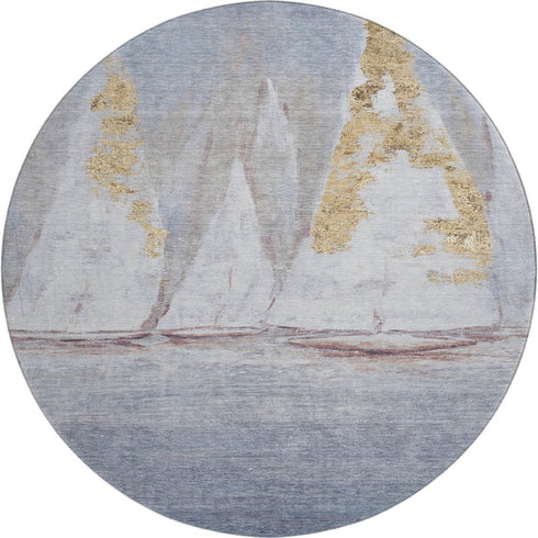 8' Blue And Gold Nautical Washable Round Rug With UV Protection