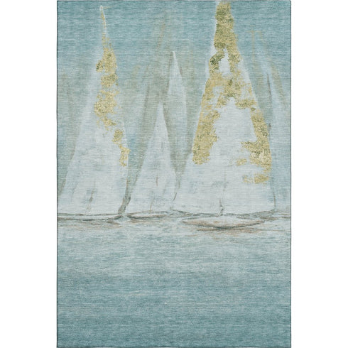 8' X 10' Teal And Gold Nautical Washable Area Rug With UV Protection