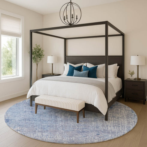 8' Blue And Ivory Abstract Washable Round Rug With UV Protection