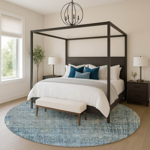8' Blue And Gray Abstract Washable Round Rug With UV Protection
