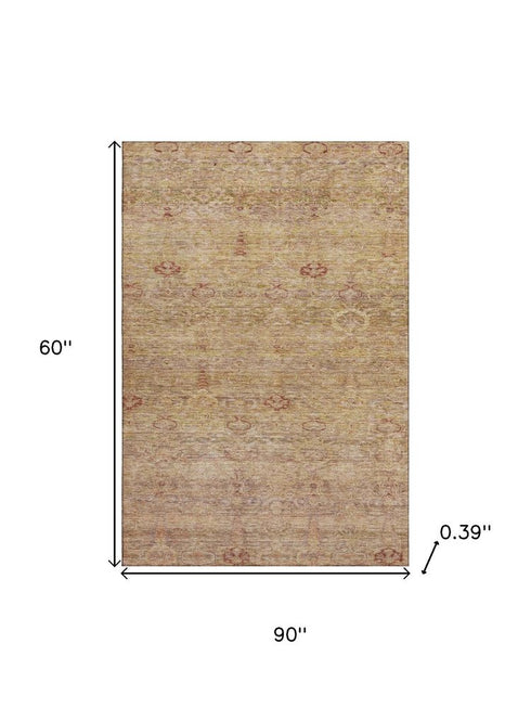 5' X 8' Coral And Taupe Abstract Washable Area Rug With UV Protection