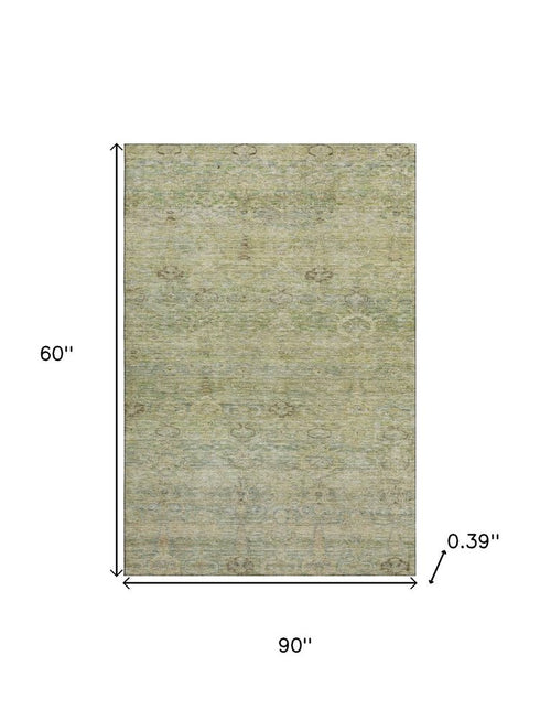 5' X 8' Green And Beige Abstract Washable Area Rug With UV Protection