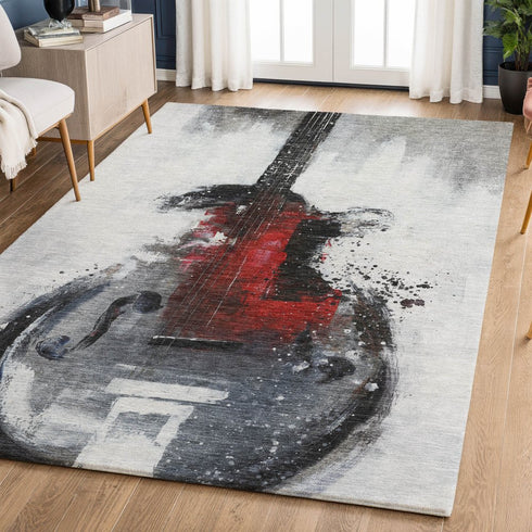 9' X 12' Gray And Red Abstract Washable Area Rug With UV Protection