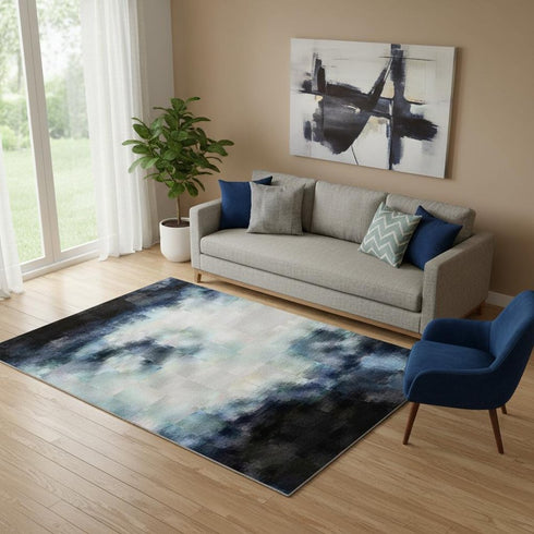 5' X 8' Blue And Ivory Abstract Washable Area Rug With UV Protection