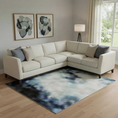8' X 10' Blue And Ivory Abstract Washable Area Rug With UV Protection